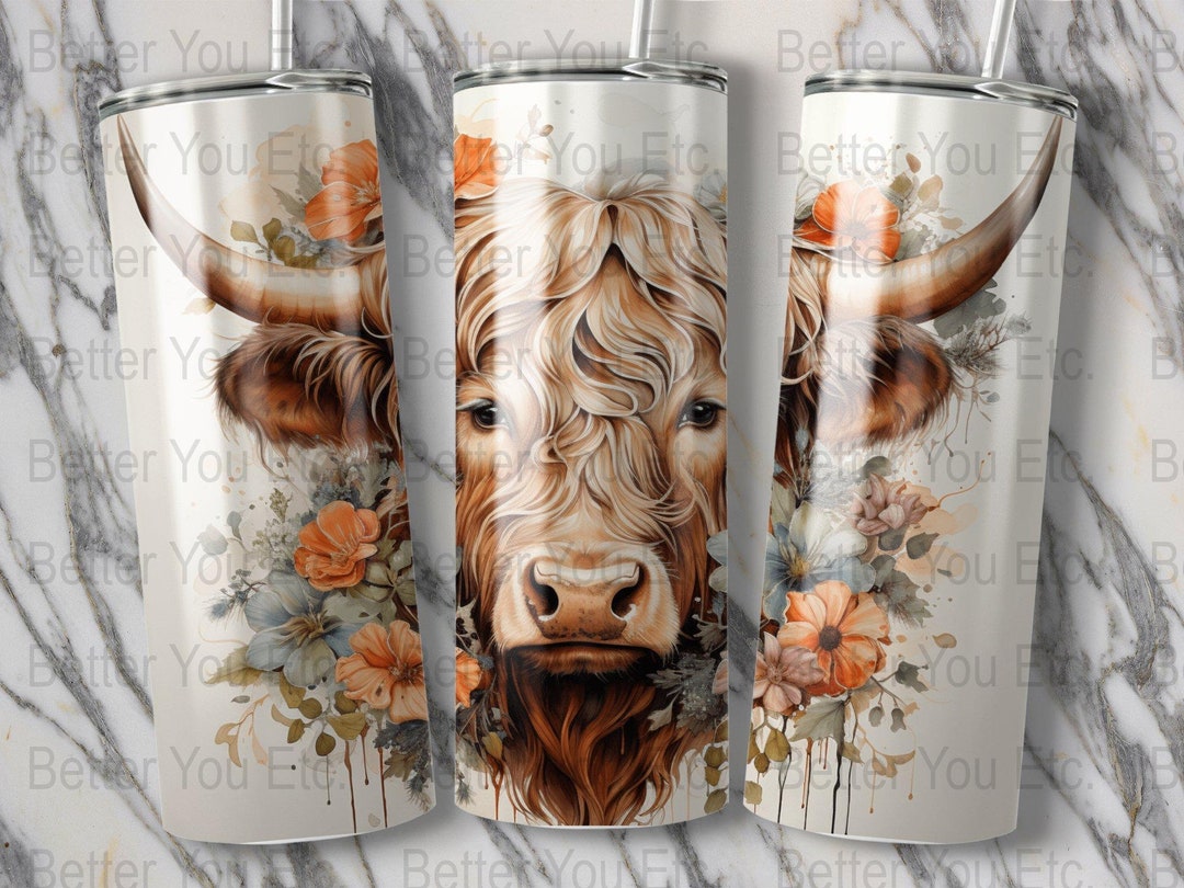 Highland Cow Tumbler PNG Wrap Sunflowers Roses Rustic 20 Oz Ounce ...