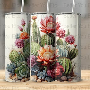 Cactos exóticos Flores do deserto 20 onças Skinny Tumbler Wrap Design de sublimação Download digital PNG Tumbler Wrap