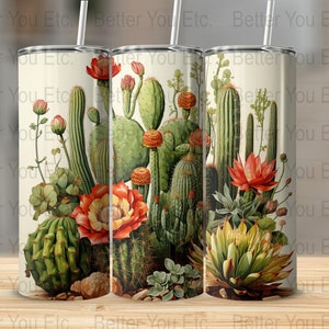 Cactos exóticos Flores do deserto 20 onças Skinny Tumbler Wrap Design de sublimação Download digital PNG Tumbler Wrap