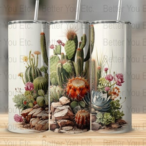 Cactos exóticos Flores do deserto 20 onças Skinny Tumbler Wrap Design de sublimação Download digital PNG Tumbler Wrap