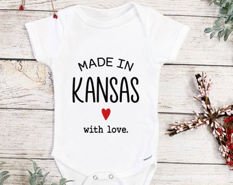 Made In Kansas Onesie®, Pregnancy Announcement Onesie®, Kansas Bodysuits, Baby Reveal Onesie®, Made With Love Baby Onesie®, 0-3 M