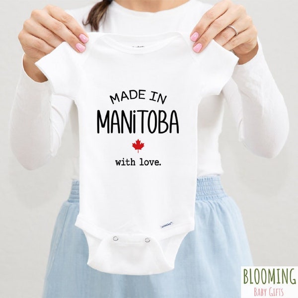 Made In Manitoba Onesie®, Pregnancy Announcement Onesie®, Canada Bodysuits, Baby Reveal Onesie®, Made With Love Baby Onesie®, Size 0-3 M