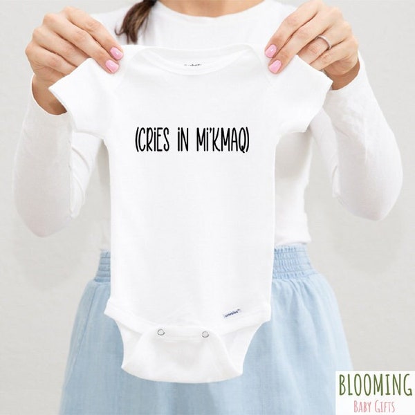 Cries In Mi'kmaq Onesie®, Funny Baby Onesie®, Mi'kmaq Pregnancy Announcement Bodysuit, Canada Mi'kmaq Native Baby Gift