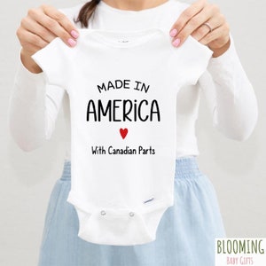 Made In America With Canadian Parts Baby Bodysuit, Funny Pregnancy Announcement, Canadian American Baby Bodysuit, 0-3 M