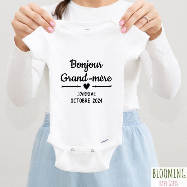 Bonjour Grand-mere Onesie® French Pregnancy Announcement To Grandma, French Grandma Gift, Pregnancy Reveal, Due Date Onesie®, Size 0-3 M