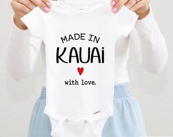 Made in Kauai Baby Bodysuit, Hawaii Baby Gift, Pregnancy Announcement, Baby Reveal Outfit, Made With Love, 0–3 Months