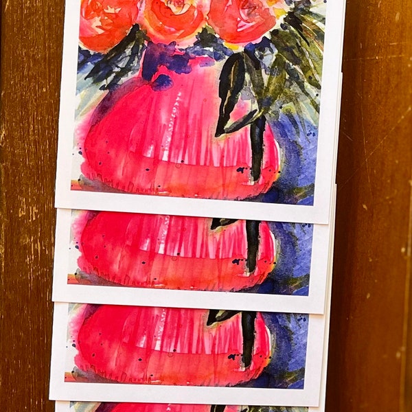 Watercolor print “Tickled Pink” flower Notecard and postcard Set