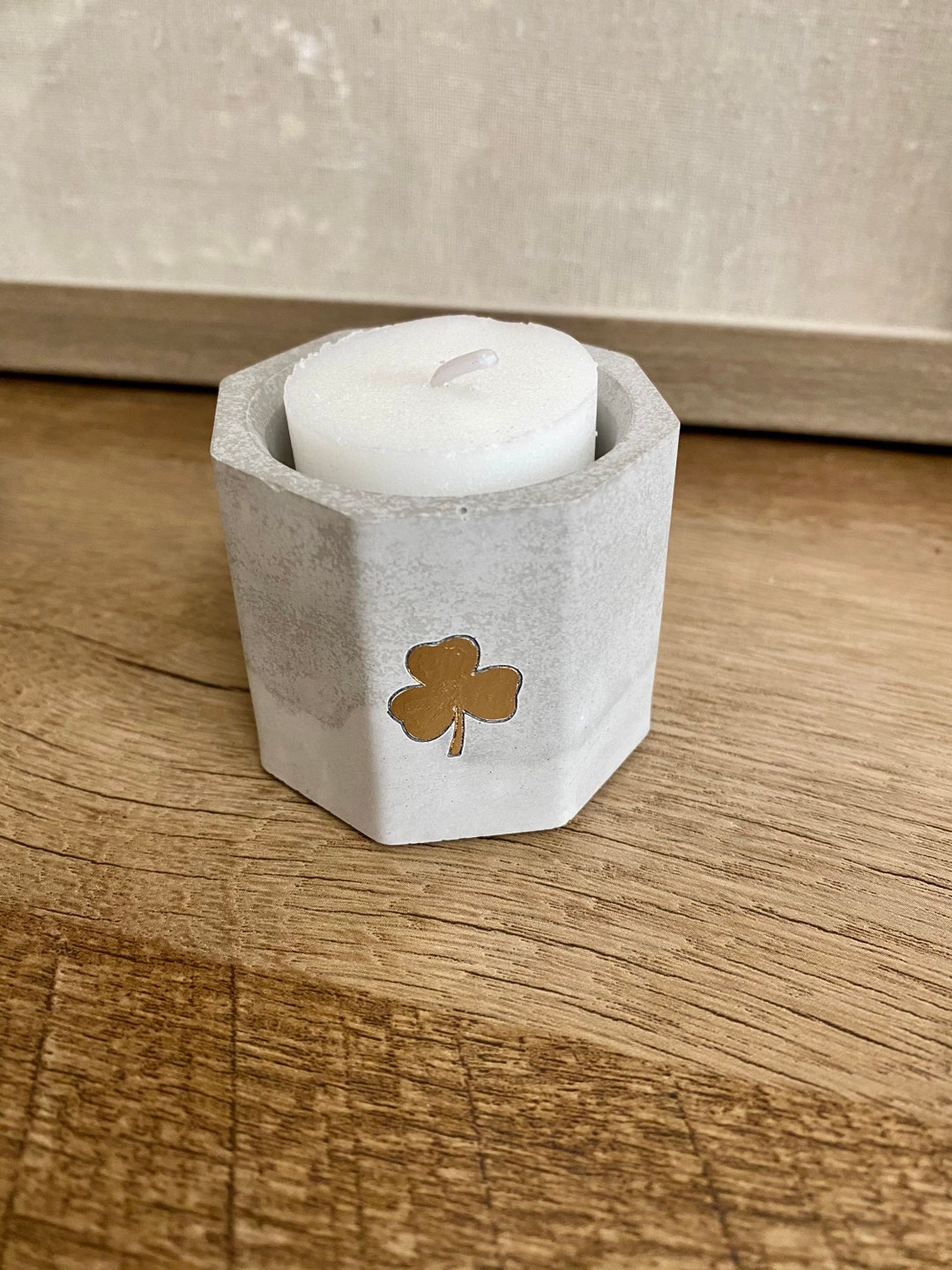 Handmade Concrete Candle Holder Irish Clover, Gold W/ Votive Included