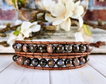 Double Wrap Bracelet | African Blue Opal | Brown Leather | Button Closure | Leather Wrap Bracelet | Beaded Leather Wrap Bracelet