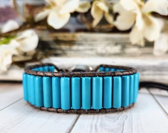 Beaded Leather Wrap Bracelet | Turquoise Tube Beads | Brown Leather | Button Closure | Leather Wrap | Wrap Bracelet | Beaded Wrap