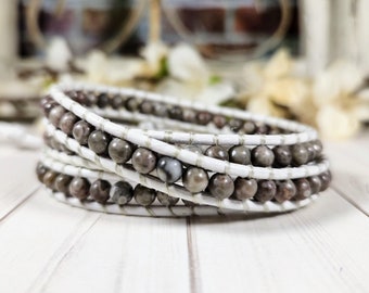 Beaded Wrap Bracelet | Agate | White Leather | Button Closure | Leather Wrap | Wrap Bracelet | Beaded Wrap | Leather Wrap