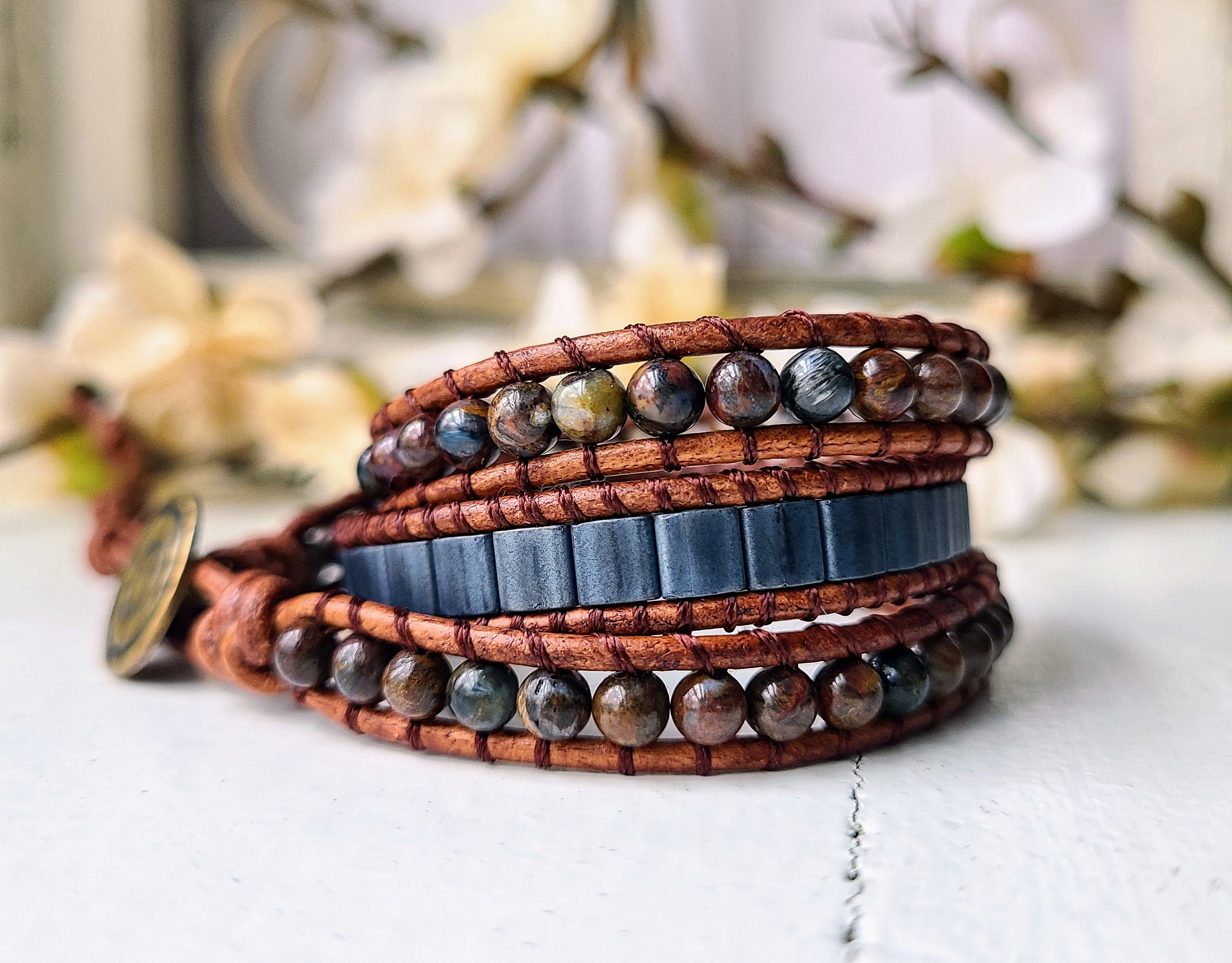 Beaded Wrap Bracelet Pietersite & Slate Blue Tila Beads with | Etsy