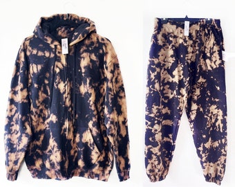 Bleach Tie Dye, Loungewear Set, Matching Hoodie Sweatpants, ZIP