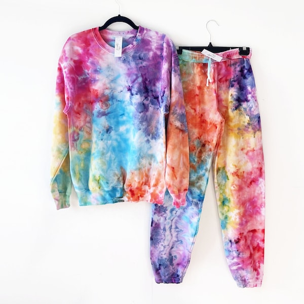 Rainbow Ice Tie Dye, Loungewear Set, Matching Sweatshirt and Sweatpants, Jumper and Joggers, Colourful Tracksuit, Unisex Adult Clothing