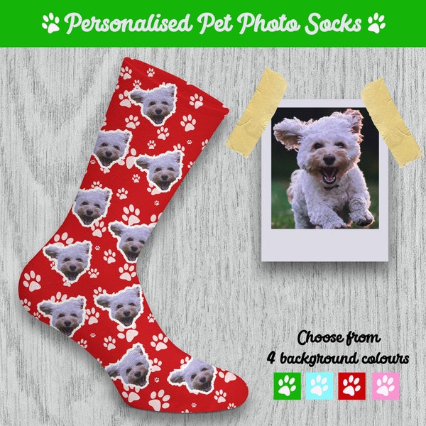 Personalised Pet Face Photo Socks, Add Your Pets Face, Custom Picture Socks, Dog, Cat, Christmas Gift, Stocking Filler, 4 Colours Available
