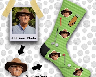 Chaussettes de golf personnalisées, chaussettes de golf chanceuses, cadeau de papa, chaussettes photo de visage personnalisées, cadeau de golf, chaussettes photo, ajoutez votre propre photo