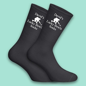 Personalised lucky bowling socks, black socks with white bowling pin and ball design, custom name gift for bowlers and bowling fans.