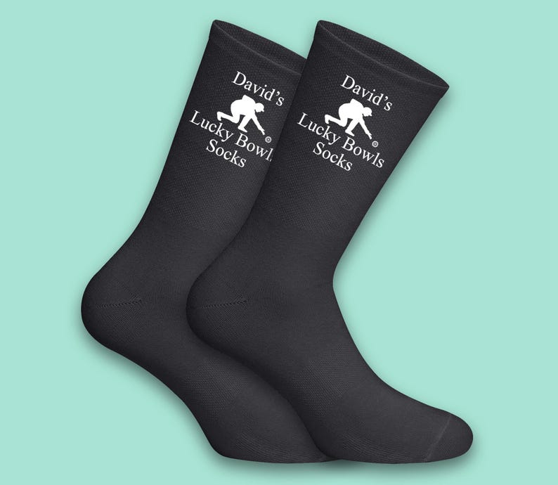 Personalised lucky bowling socks, black socks with white bowling pin and ball design, custom name gift for bowlers and bowling fans.