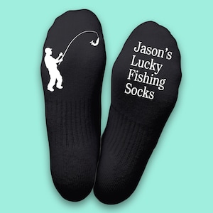 Lucky fishing socks personalised onto bottom of socks