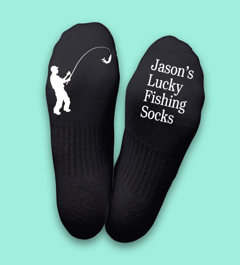 Lucky fishing socks personalised onto bottom of socks