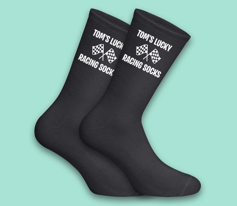 Custom lucky racing socks for him, black socks with white racing text – ideal gift for motorsport fans, boyfriend, husband or dad