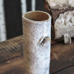 May include: A white ceramic vase with a textured surface that resembles birch bark. The vase has a small branch detail on the side.