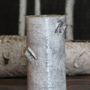 May include: White ceramic vase shaped like a birch tree trunk with a textured surface. The vase has two small branches on the side.