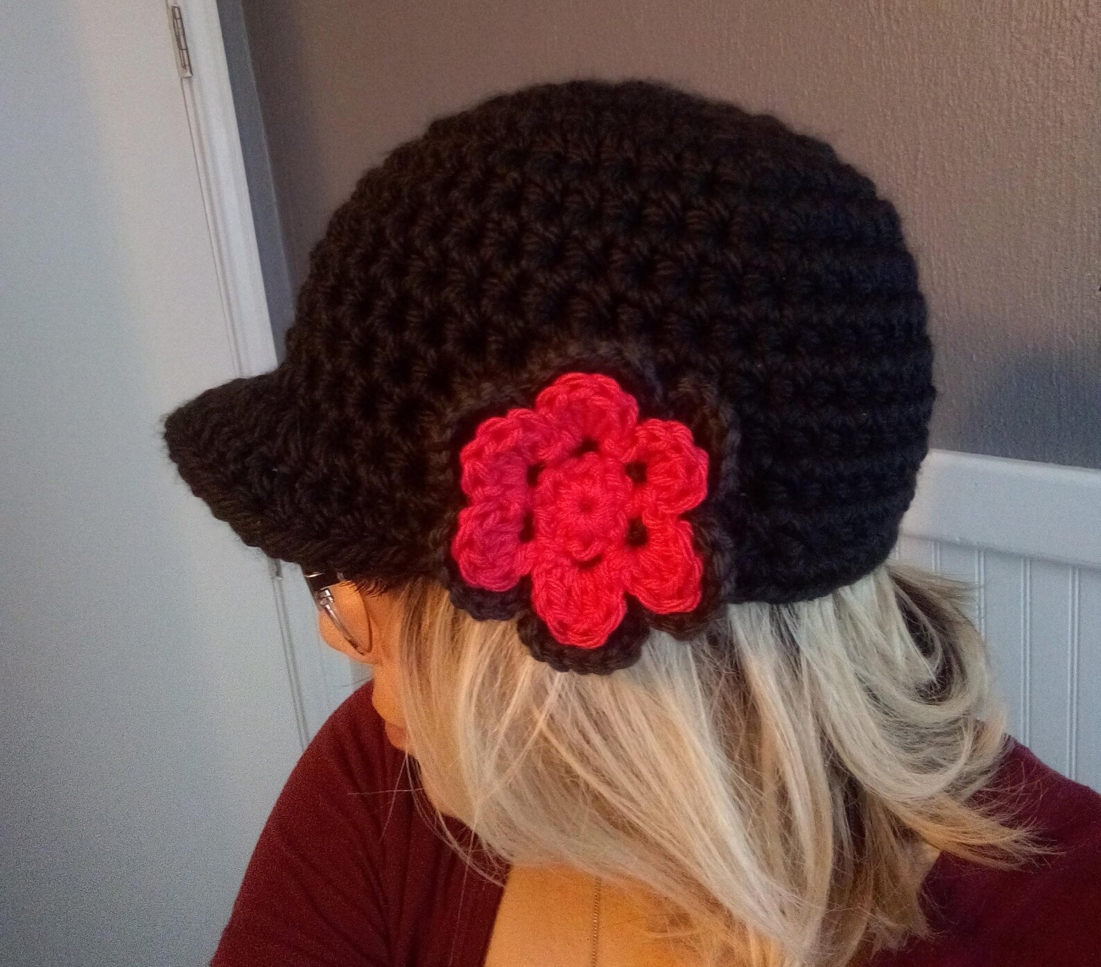Crochet Newsboy Cap With Red Flower Newsboy Hat for Women Etsy