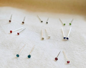 1mm Tiny Cubic  Zirconia Stud Earrings, S925 Silver Stud Earrings, Dainty Stud Earrings , Pink, Aqua, Blue, Clear, Red, Purple, Black, Green