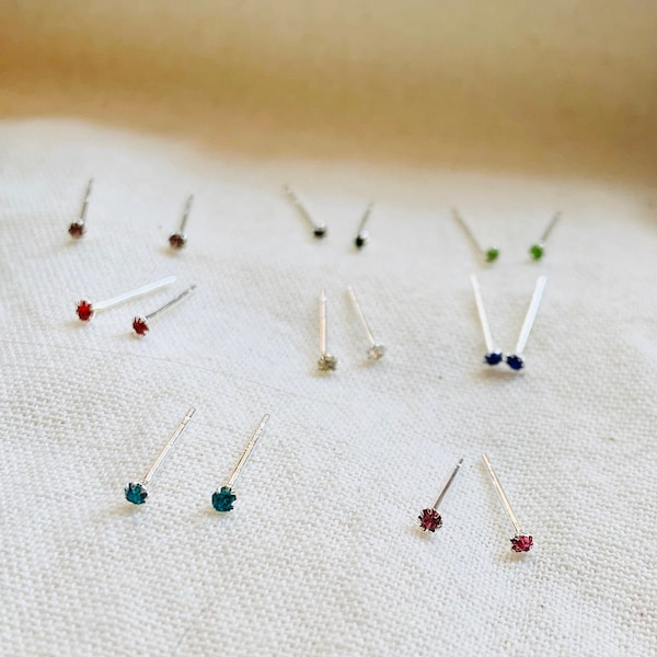 1mm Tiny Cubic  Zirconia Stud Earrings, S925 Silver Stud Earrings, Dainty Stud Earrings , Pink, Aqua, Blue, Clear, Red, Purple, Black, Green