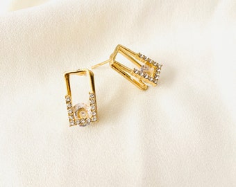 Rectangle Gold Geometric Earrings, Cubic Zirconia Stud, Gold Plated Dainty Earrings, S925 Silver Post Earring, Hypoallergenic Stud Earring