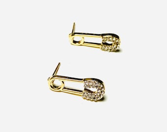 18K Gold Plated Gold Pin Earring, Cubic Zirconia Pin, Safety Pin , Hypoallergenic, S925 Silver Post ,Minimalist, Dainty Pin Earrings,