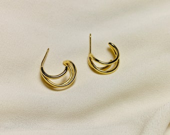 Triple Hoop Earring, S925 Silver Post Earring, Split Hoop Earring, Gold and Silver Triple Hoop Earring, Minimalist Earring, Gift For Her