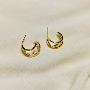 Triple Hoop Earring, S925 Silver Post Earring, Split Hoop Earring, Gold and Silver Triple Hoop Earring, Minimalist Earring, Gift For Her image 1