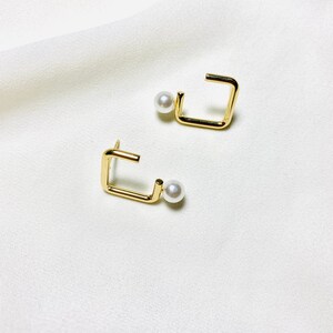 Gold Geometric Stud Earrings, Open Square Pearl Drop Earrings, 18K Plated Brass Stud, S925 Silver Post, Hypoallergenic, Minimalist Studs image 5