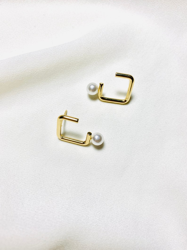 Gold Geometric Stud Earrings, Open Square Pearl Drop Earrings, 18K Plated Brass Stud, S925 Silver Post, Hypoallergenic, Minimalist Studs image 5