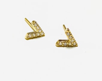 Gold V Letter Stud Earring, 18K Gold Plated Sterling Silver Earring, Cubic Zirconia Dainty Stud, Hypoallergenic Stud,Minimalist Stud Earring