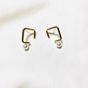 Gold Geometric Stud Earrings, Open Square Pearl Drop Earrings, 18K Plated Brass Stud, S925 Silver Post, Hypoallergenic, Minimalist Studs image 6