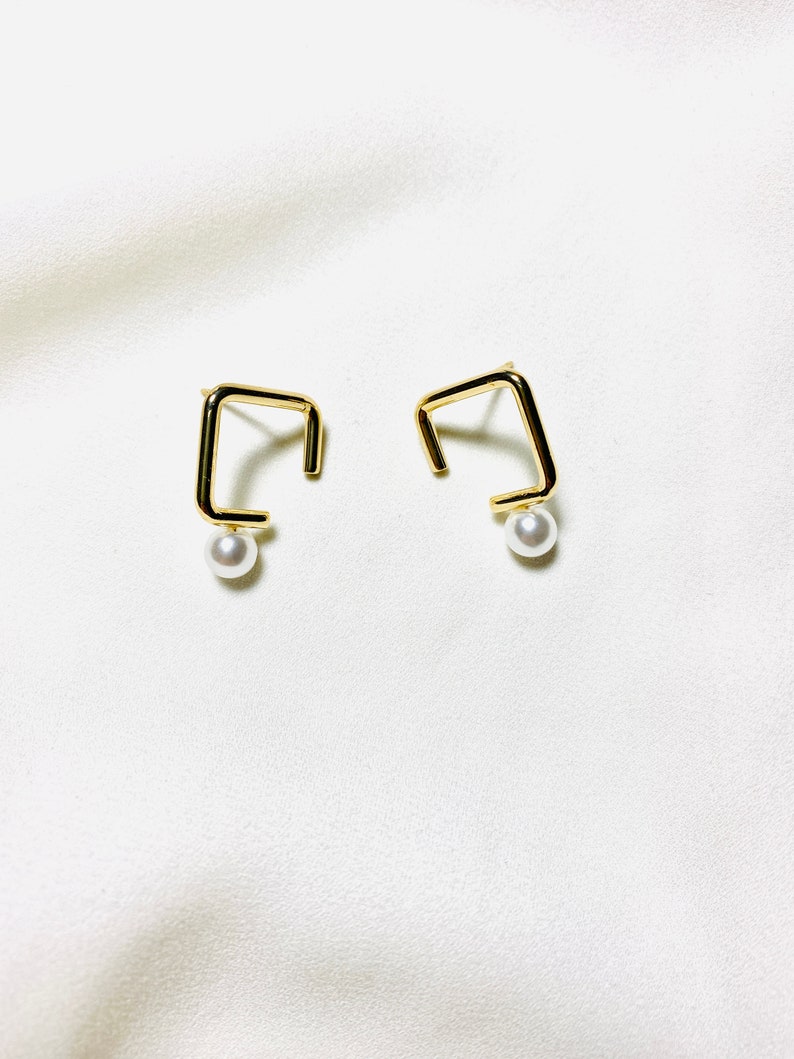 Gold Geometric Stud Earrings, Open Square Pearl Drop Earrings, 18K Plated Brass Stud, S925 Silver Post, Hypoallergenic, Minimalist Studs image 6