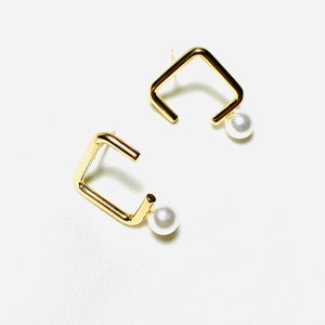 Gold Geometric Stud Earrings, Open Square Pearl Drop Earrings, 18K Plated Brass Stud, S925 Silver Post, Hypoallergenic, Minimalist Studs image 2