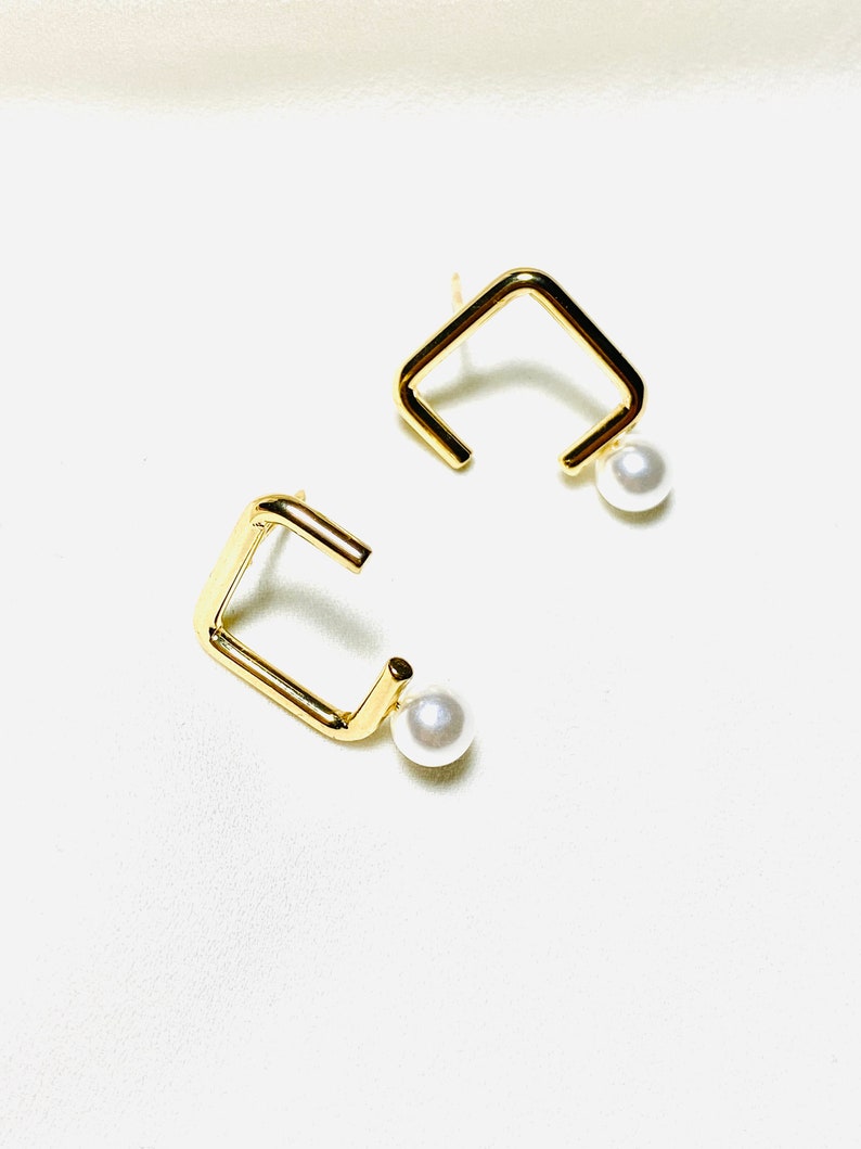 Gold Geometric Stud Earrings, Open Square Pearl Drop Earrings, 18K Plated Brass Stud, S925 Silver Post, Hypoallergenic, Minimalist Studs image 2