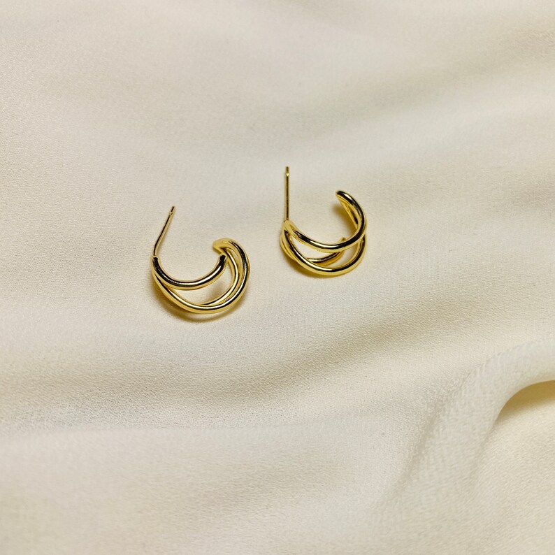 Triple Hoop Earring, S925 Silver Post Earring, Split Hoop Earring, Gold and Silver Triple Hoop Earring, Minimalist Earring, Gift For Her image 1