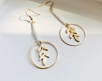 Leaf Drop Earring, Gold Leaf Drop Earring, Circular Earring, Beaded Drop Earring, Tiny Pearl Earring, Geometric Earring, Gold Dangle Earring