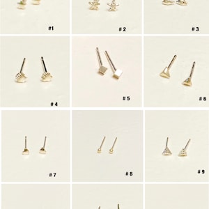 Pu&ograve; includere: Dodici paia di orecchini a perno d'argento con varie forme, tra cui stelle, conchiglie, quadrati, triangoli, cuori e cerchi. Gli orecchini sono disposti in una griglia su uno sfondo bianco.