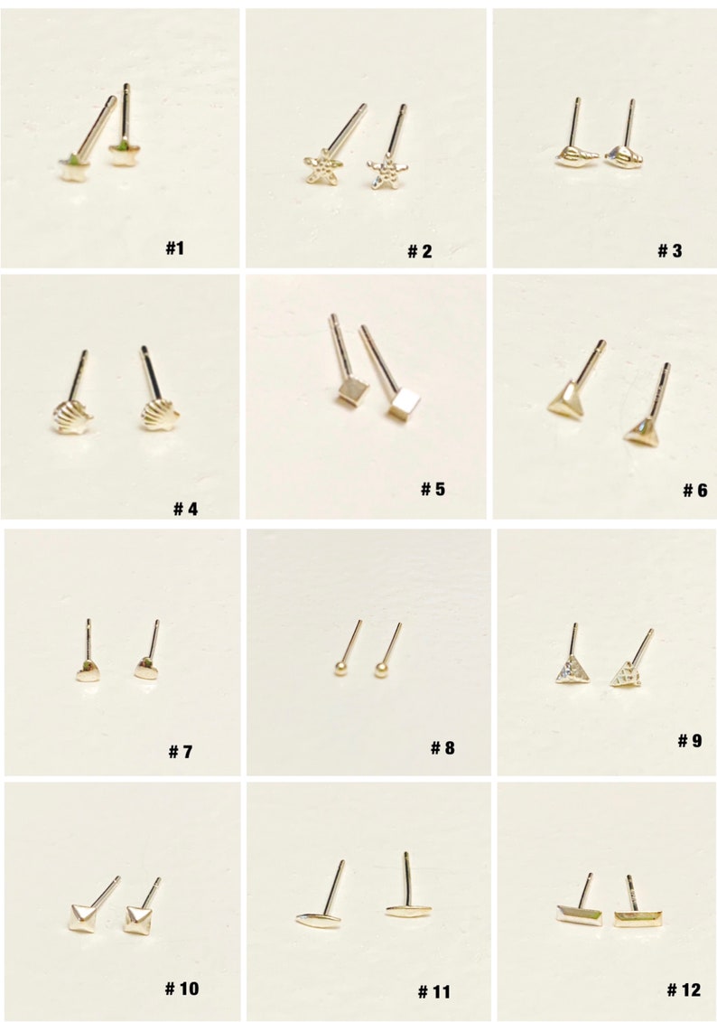 Pu&ograve; includere: Dodici paia di orecchini a perno d'argento con varie forme, tra cui stelle, conchiglie, quadrati, triangoli, cuori e cerchi. Gli orecchini sono disposti in una griglia su uno sfondo bianco.