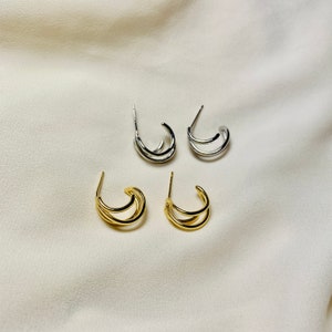Triple Hoop Earring, S925 Silver Post Earring, Split Hoop Earring, Gold and Silver Triple Hoop Earring, Minimalist Earring, Gift For Her image 9
