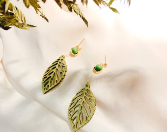 Wooden Leaf Drop Earrings, Large Leaf Drop Earrings, Wooden Earrings, Green Drop Earrings, Leaf Dangle Earrings, BOHO Earrings, Natural Drop
