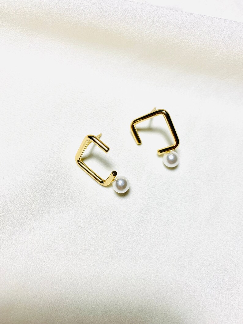 Gold Geometric Stud Earrings, Open Square Pearl Drop Earrings, 18K Plated Brass Stud, S925 Silver Post, Hypoallergenic, Minimalist Studs image 1