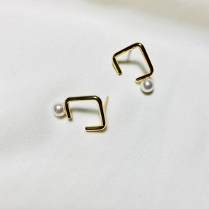 Gold Geometric Stud Earrings, Open Square Pearl Drop Earrings, 18K Plated Brass Stud, S925 Silver Post, Hypoallergenic, Minimalist Studs image 4