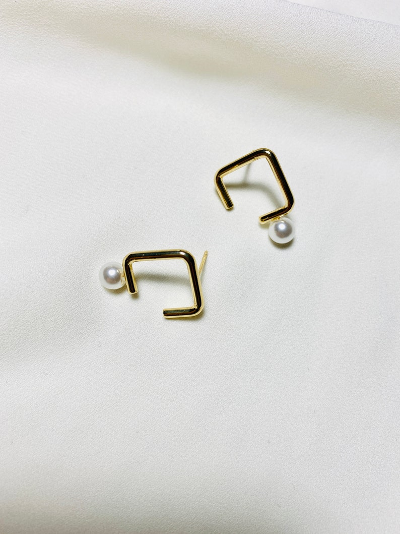 Gold Geometric Stud Earrings, Open Square Pearl Drop Earrings, 18K Plated Brass Stud, S925 Silver Post, Hypoallergenic, Minimalist Studs image 4